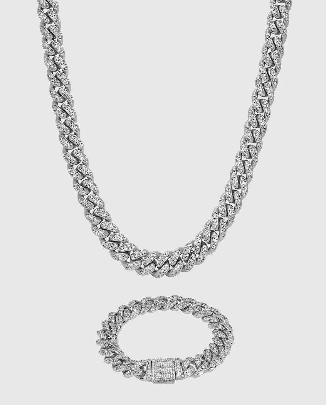 WHITE GOLD CUBAN CHAIN SET